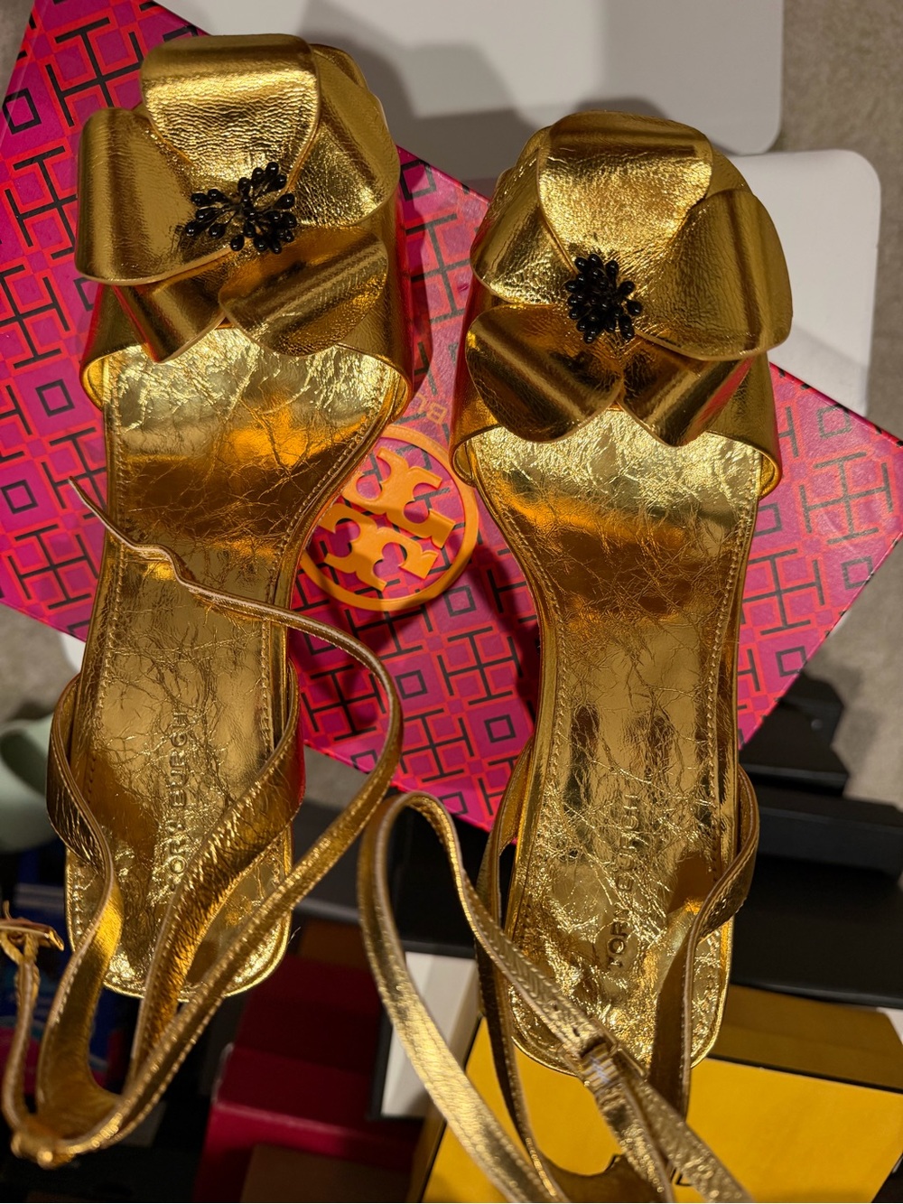 Tory Burch Gold Floral Bow High-Heel Sandals - Picture 3 of 5